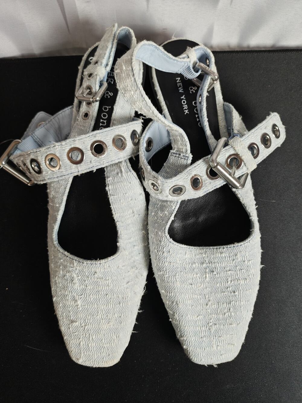 Rag & Bone $328 Women's 38.5 (8.5) Moto Astra Denim Blue Tweed Slingback Flats